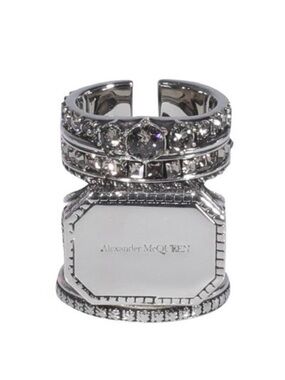 Authentic Alexander McQueen Logo Engraved Stacked Crystal Metal Ornate Ring